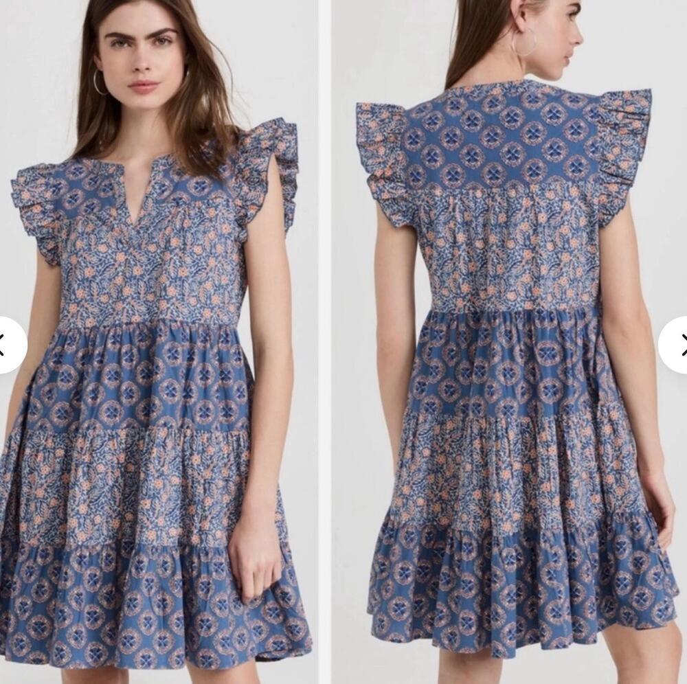 Roller Rabbit Primrose Pippa Dress Size XS Blue Floral Tiered Babydoll Cotton